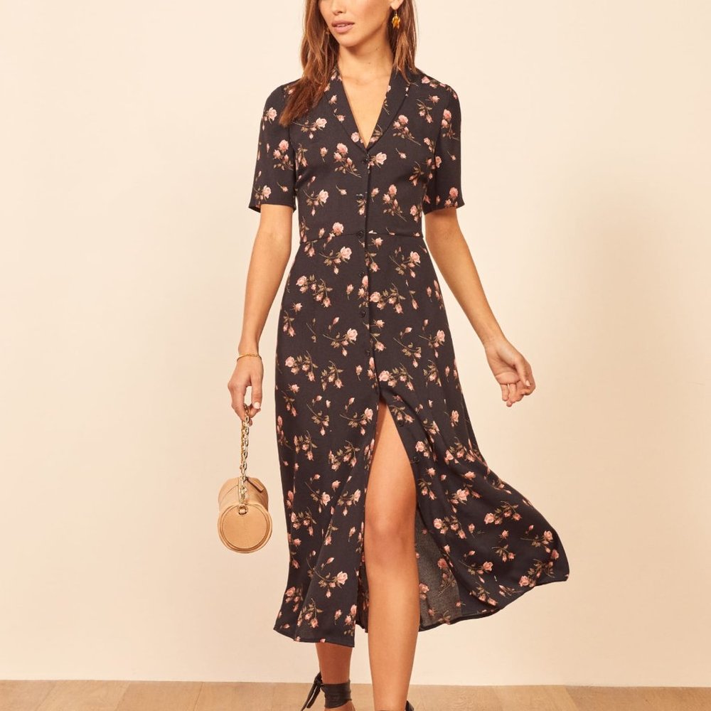 Reformation Rocki Midi Floral Black Dress